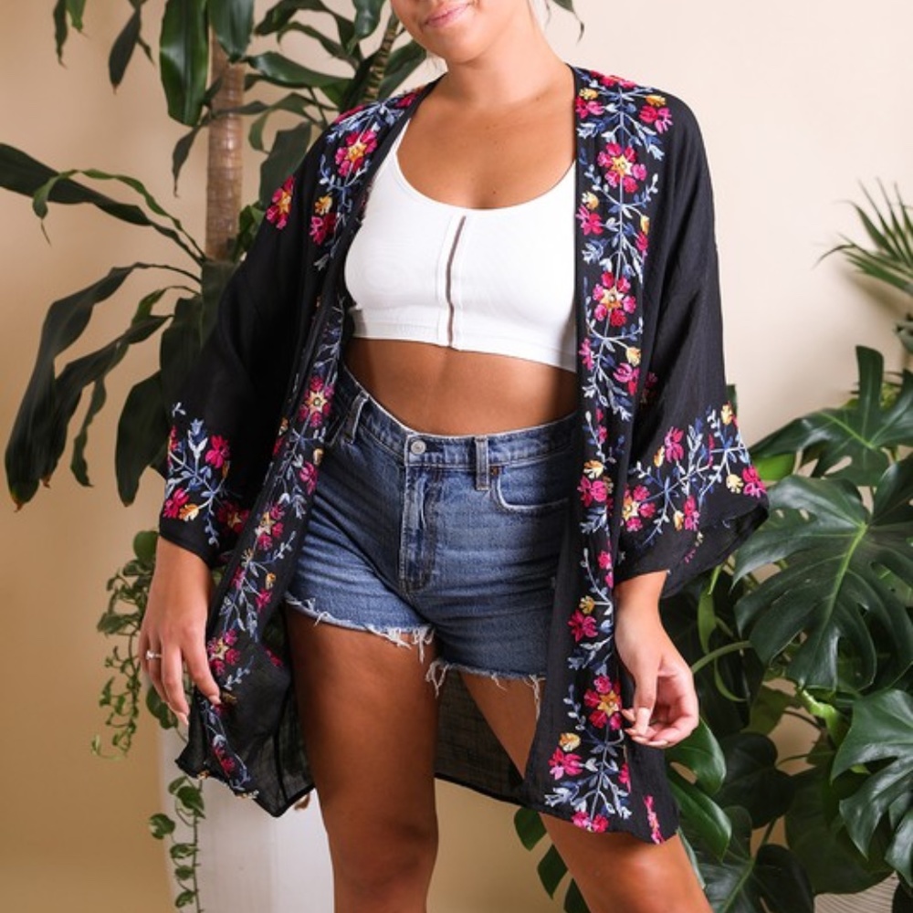 Black Floral Embroidered Kimono Jacket - Women
